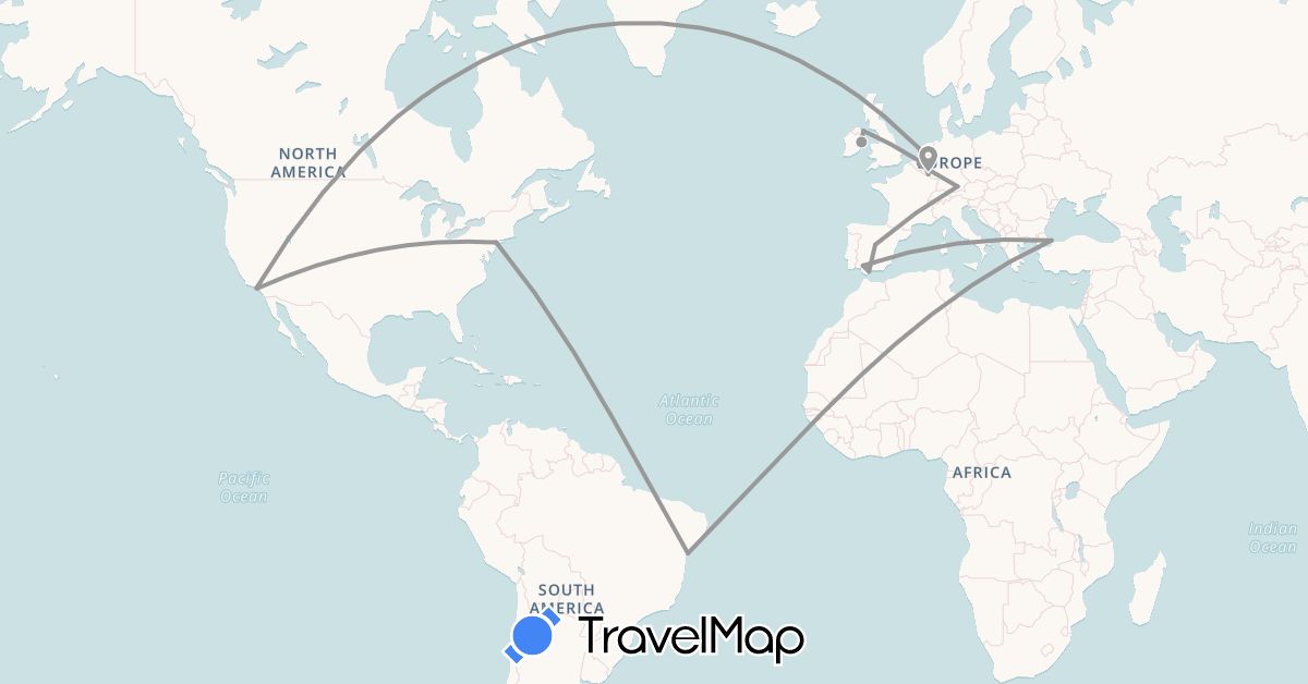 TravelMap itinerary: driving, plane in Belgium, Brazil, Germany, Spain, United Kingdom, Ireland, Luxembourg, Netherlands, Turkey, United States (Asia, Europe, North America, South America)